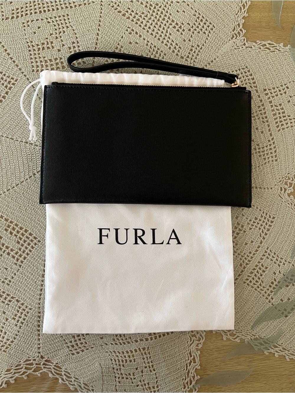 Furla Black Leather Wristlet with Top Zip